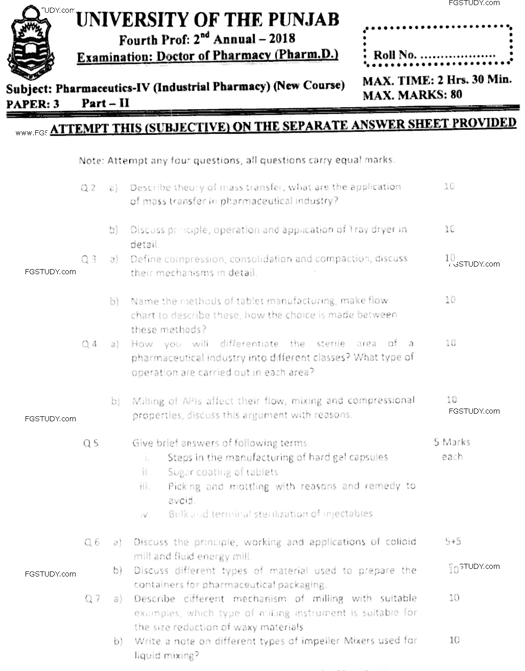 Doctor of Pharmacy Pharmaceutics 6 Industrial Pharmacy Past Paper 2018 Punjab University Subjective