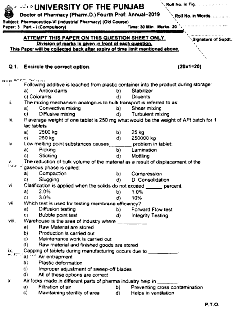 Doctor of Pharmacy Pharmaceutics 6 Industrial Pharmacy Past Paper 2019 Punjab University Objective