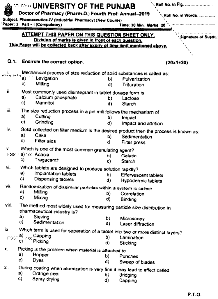 Doctor of Pharmacy Pharmaceutics 6 Industrial Pharmacy Past Paper 2019 Punjab University Objective