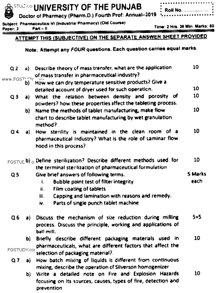 Doctor of Pharmacy Pharmaceutics 6 Industrial Pharmacy Past Paper 2019 Punjab University Subjective