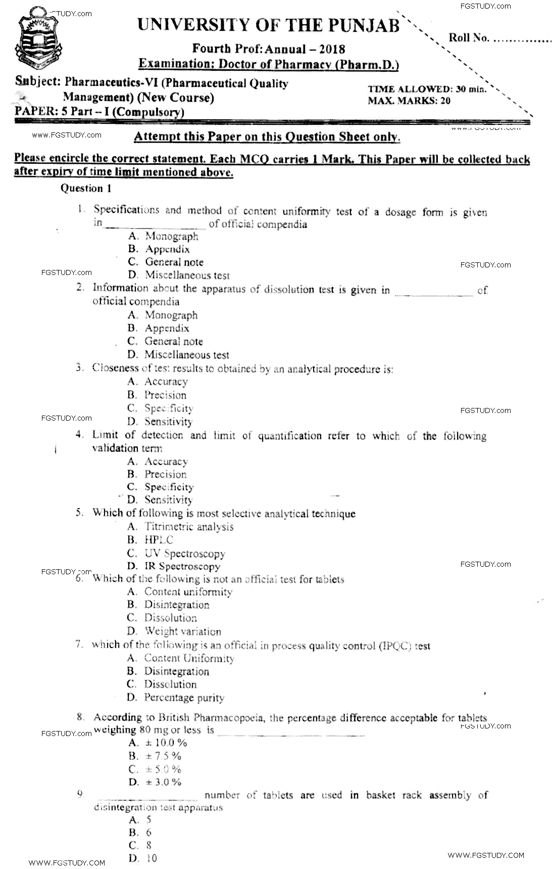 Doctor of Pharmacy Pharmaceutics 6 Pharmaceutical Quality Management Past Paper 2018 Punjab University Objective