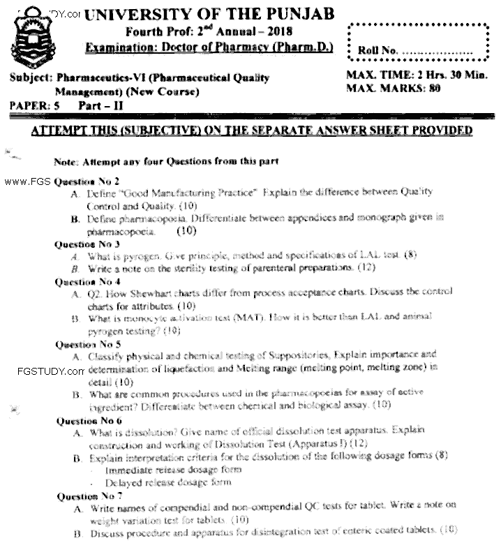 Doctor of Pharmacy Pharmaceutics 6 Pharmaceutical Quality Management Past Paper 2018 Punjab University Subjective