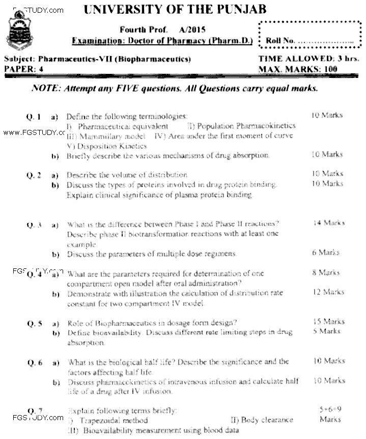 Doctor of Pharmacy Pharmaceutics 7 Biopharmaceutics Past Paper 2015 Punjab University Subjective