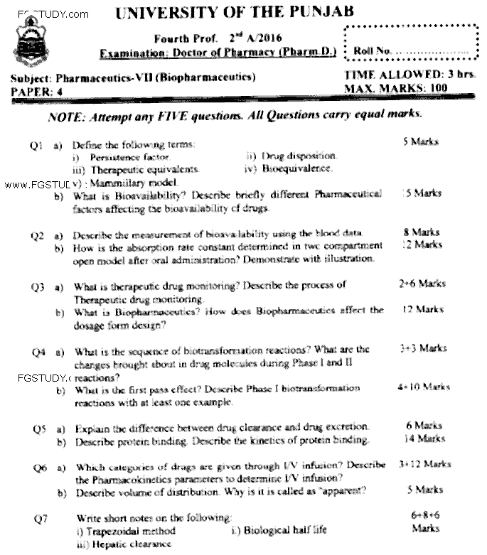 Doctor of Pharmacy Pharmaceutics 7 Biopharmaceutics Past Paper 2016 Punjab University Subjective