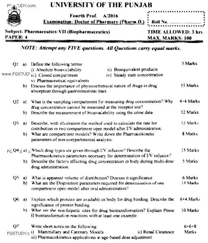Doctor of Pharmacy Pharmaceutics 7 Biopharmaceutics Past Paper 2016 Punjab University Subjective