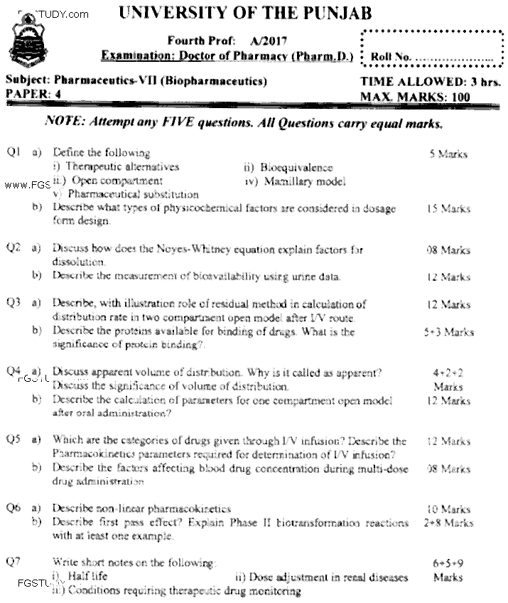 Doctor of Pharmacy Pharmaceutics 7 Biopharmaceutics Past Paper 2017 Punjab University Subjective