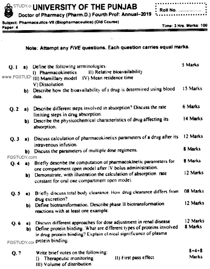 Doctor of Pharmacy Pharmaceutics 7 Biopharmaceutics Past Paper 2019 Punjab University Subjective