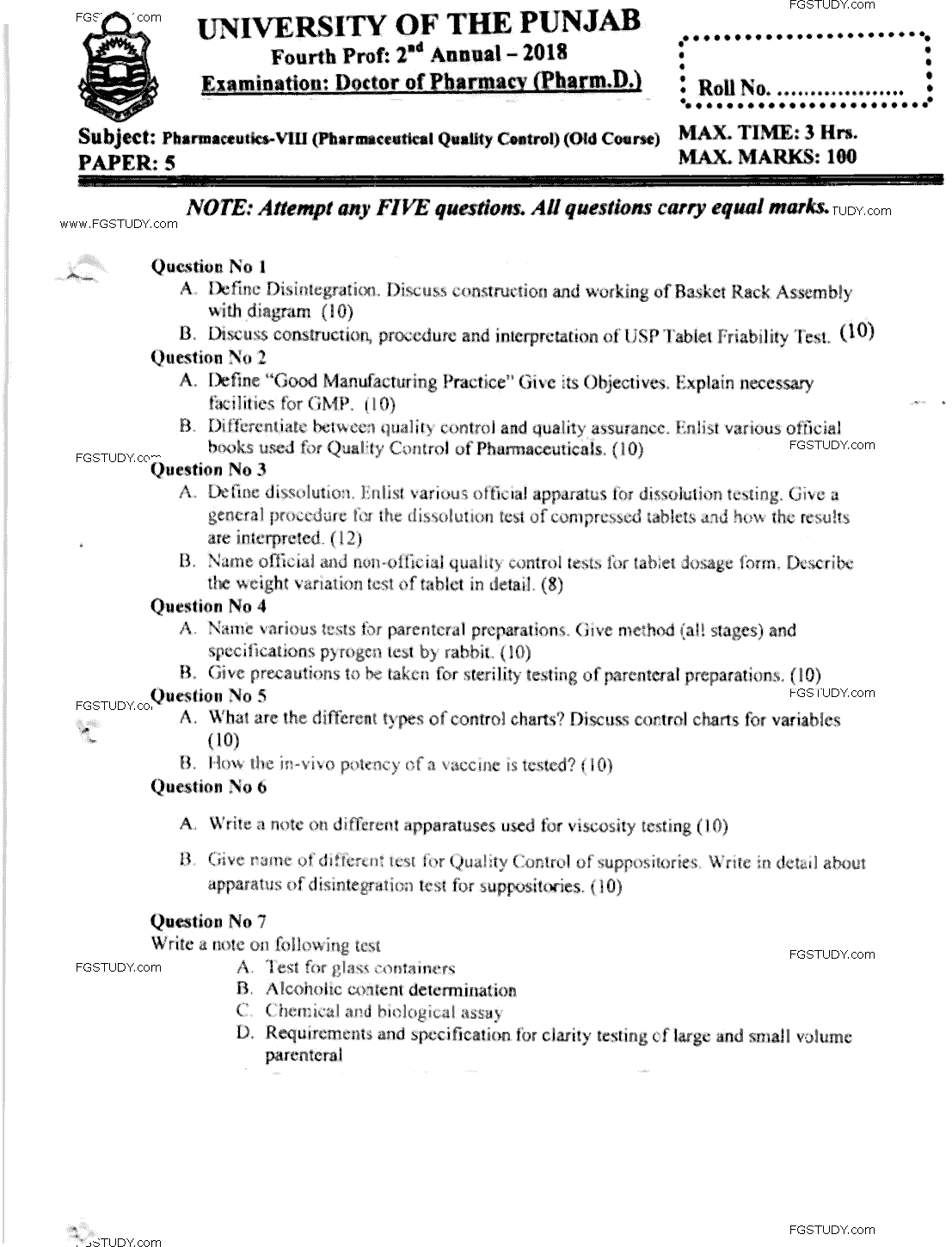 Doctor of Pharmacy Pharmaceutics 8 Pharmaceutical Quality Control Past Paper 2018 Punjab University Subjective
