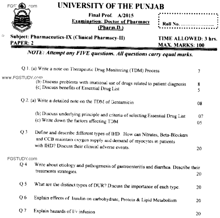 Doctor of Pharmacy Pharmaceutics 9 Clinical Pharmacy 2 Past Paper 2015 Punjab University Subjective