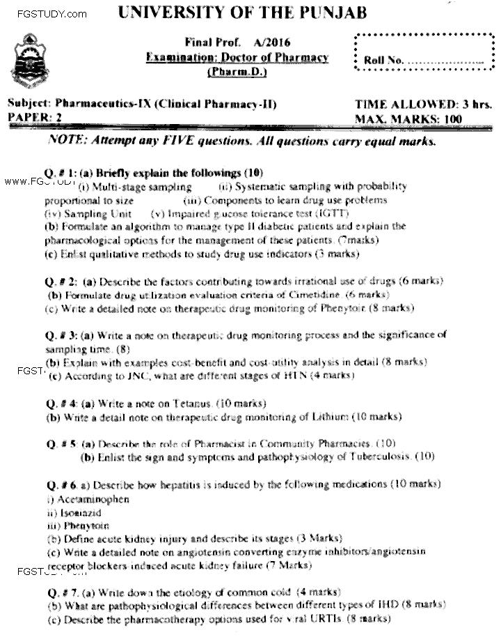 Doctor of Pharmacy Pharmaceutics 9 Clinical Pharmacy 2 Past Paper 2016 Punjab University Subjective