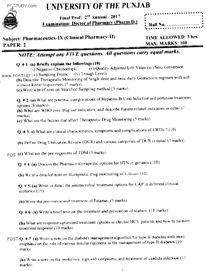 Doctor of Pharmacy Pharmaceutics 9 Clinical Pharmacy 2 Past Paper 2017 Punjab University Subjective