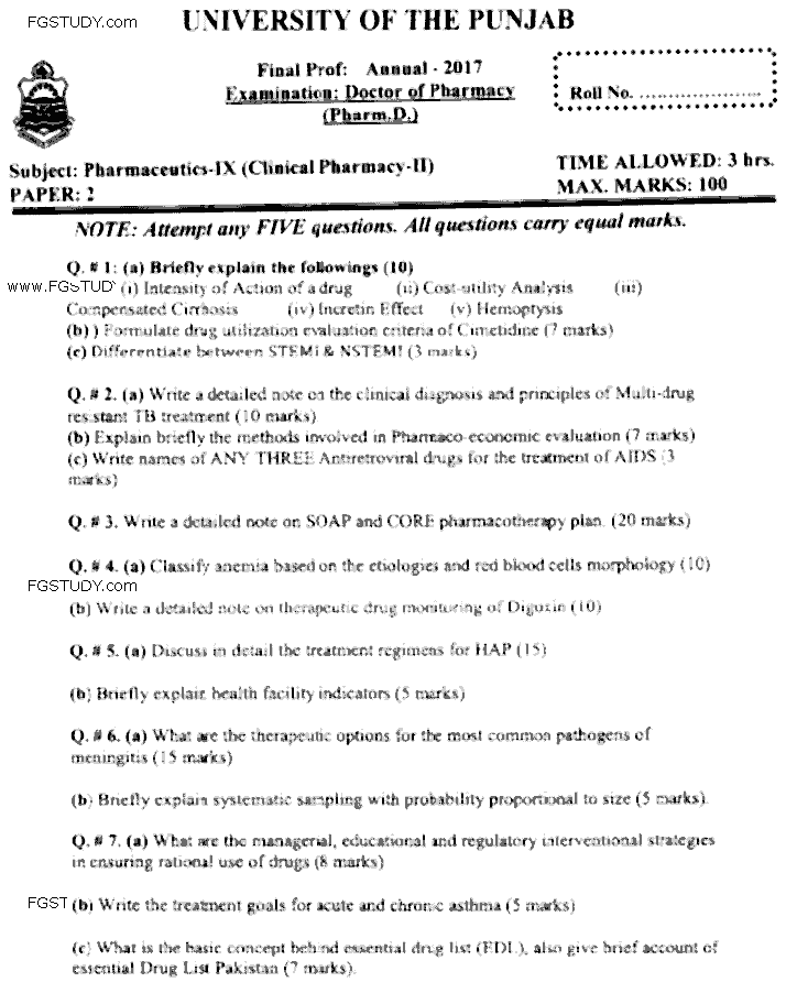 Doctor of Pharmacy Pharmaceutics 9 Clinical Pharmacy 2 Past Paper 2017 Punjab University Subjective