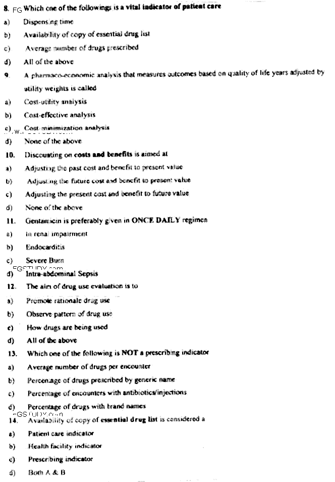 Doctor of Pharmacy Pharmaceutics 9 Clinical Pharmacy 2 Past Paper 2018 Punjab University Objective