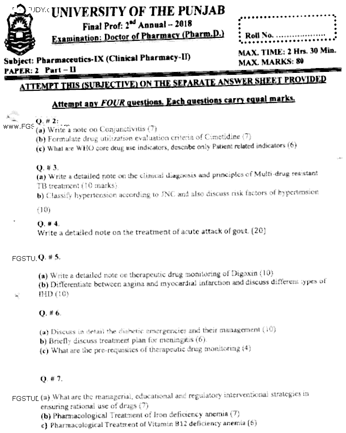 Doctor of Pharmacy Pharmaceutics 9 Clinical Pharmacy 2 Past Paper 2018 Punjab University Subjective