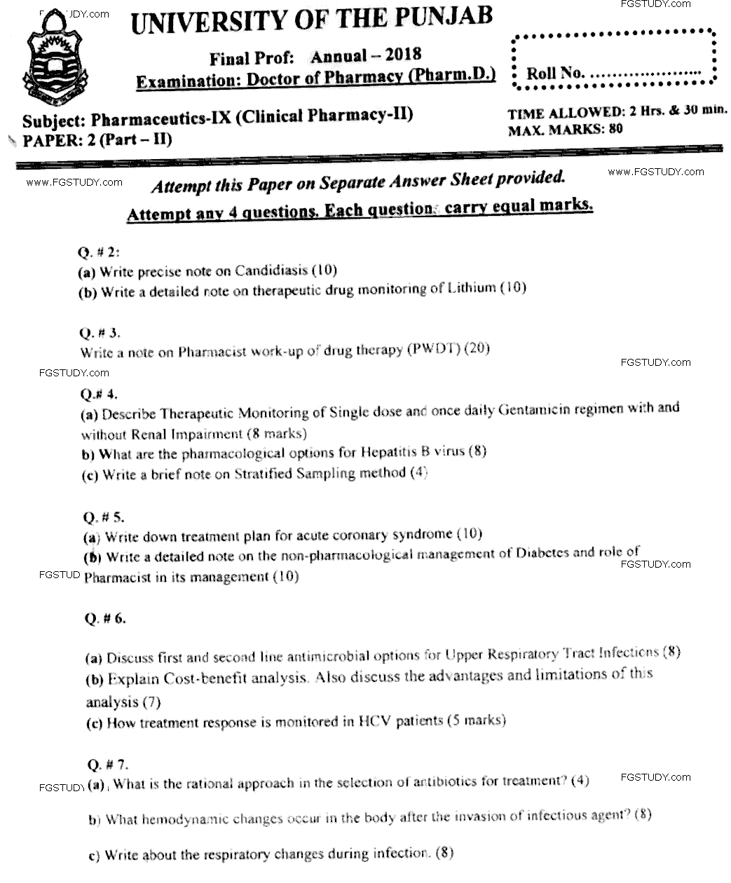 Doctor of Pharmacy Pharmaceutics 9 Clinical Pharmacy 2 Past Paper 2018 Punjab University Subjective