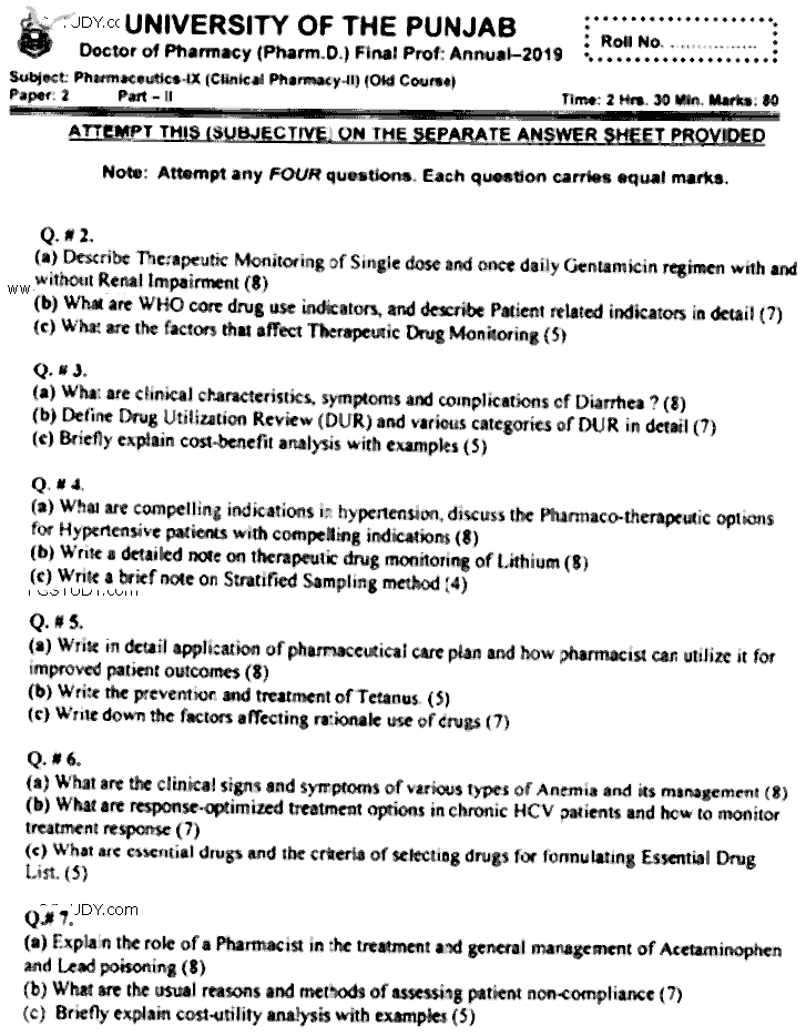 Doctor of Pharmacy Pharmaceutics 9 Clinical Pharmacy 2 Past Paper 2019 Punjab University Subjective