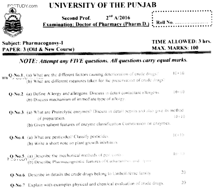 Doctor of Pharmacy Pharmacognosy 1 Past Paper 2016 Punjab University Subjective