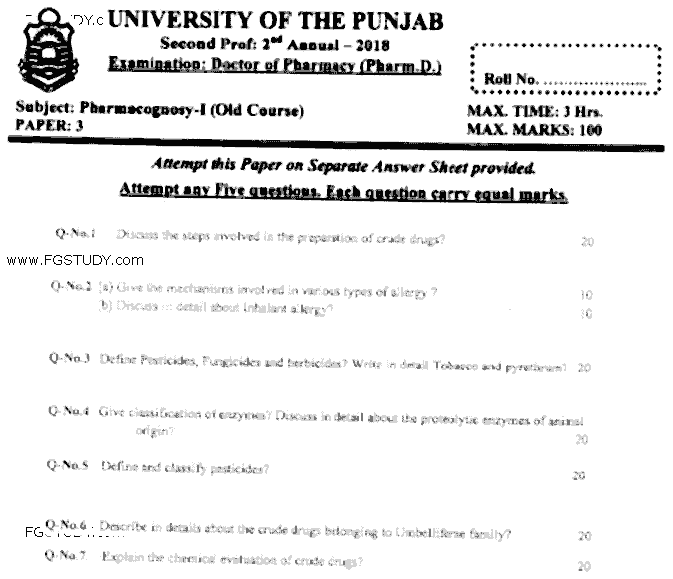 Doctor of Pharmacy Pharmacognosy 1 Past Paper 2018 Punjab University Subjective