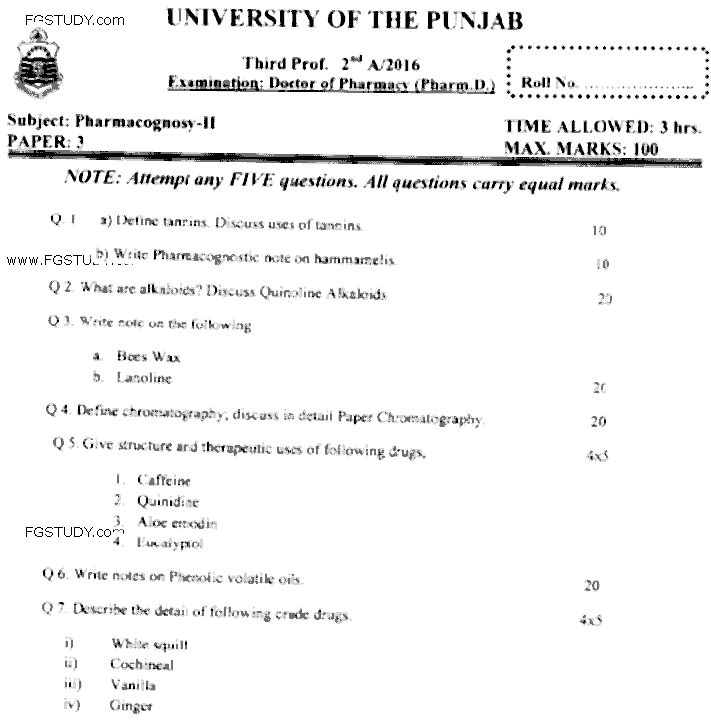 Doctor of Pharmacy Pharmacognosy 2 Past Paper 2016 Punjab University Subjective