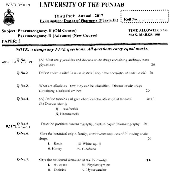 Doctor of Pharmacy Pharmacognosy 2 Past Paper 2017 Punjab University Subjective