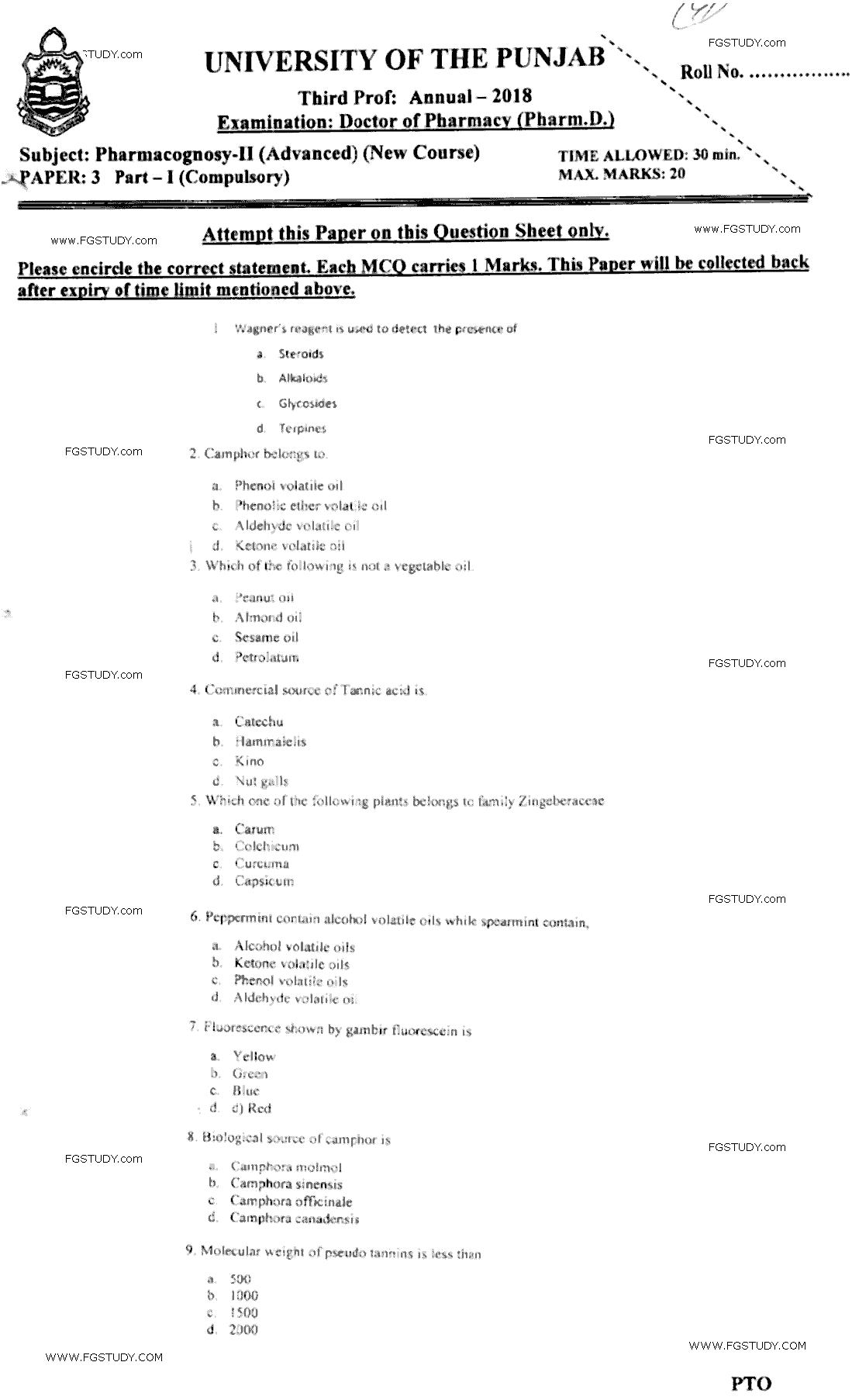 Doctor of Pharmacy Pharmacognosy 2 Past Paper 2018 Punjab University Objective
