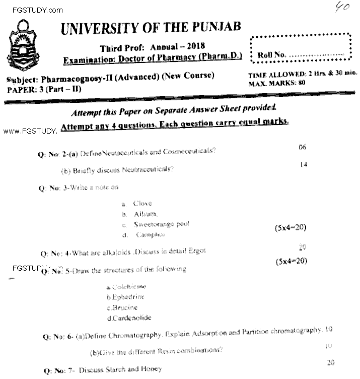 Doctor of Pharmacy Pharmacognosy 2 Past Paper 2018 Punjab University Subjective
