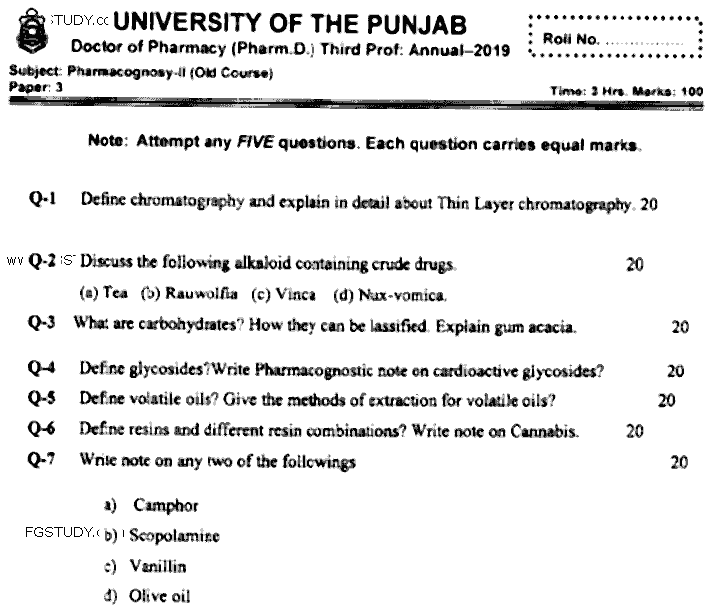 Doctor of Pharmacy Pharmacognosy 2 Past Paper 2019 Punjab University Subjective