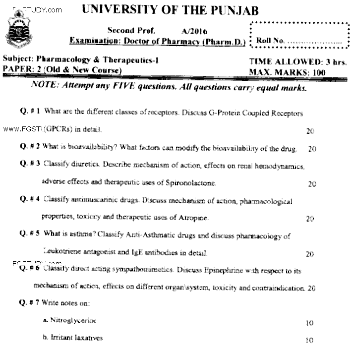 Doctor of Pharmacy Pharmacology And Therapeutics 1 Past Paper 2016 Punjab University Subjective