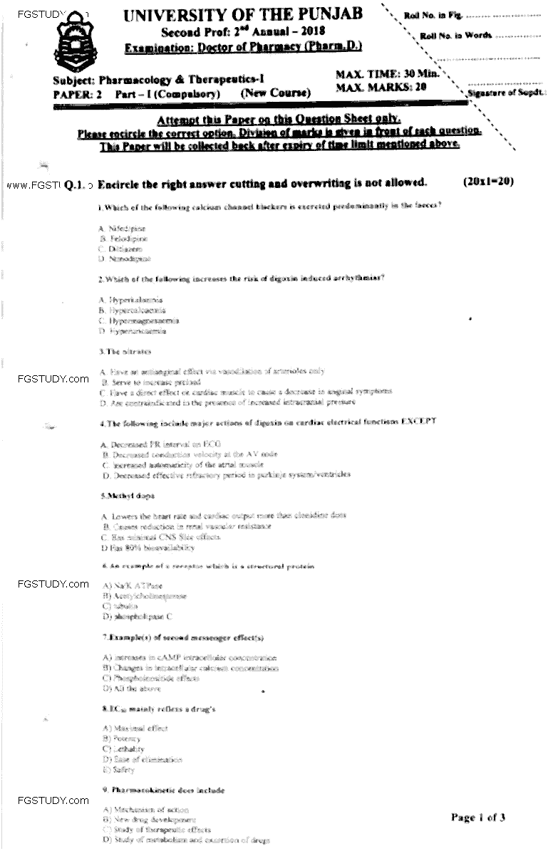 Doctor of Pharmacy Pharmacology And Therapeutics 1 Past Paper 2018 Punjab University Objective