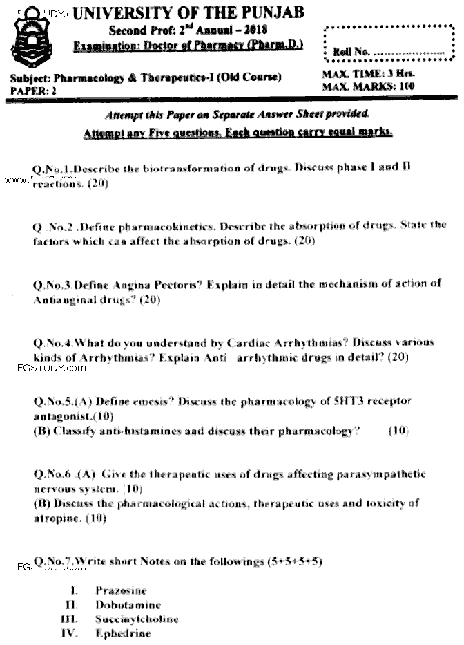 Doctor of Pharmacy Pharmacology And Therapeutics 1 Past Paper 2018 Punjab University Subjective