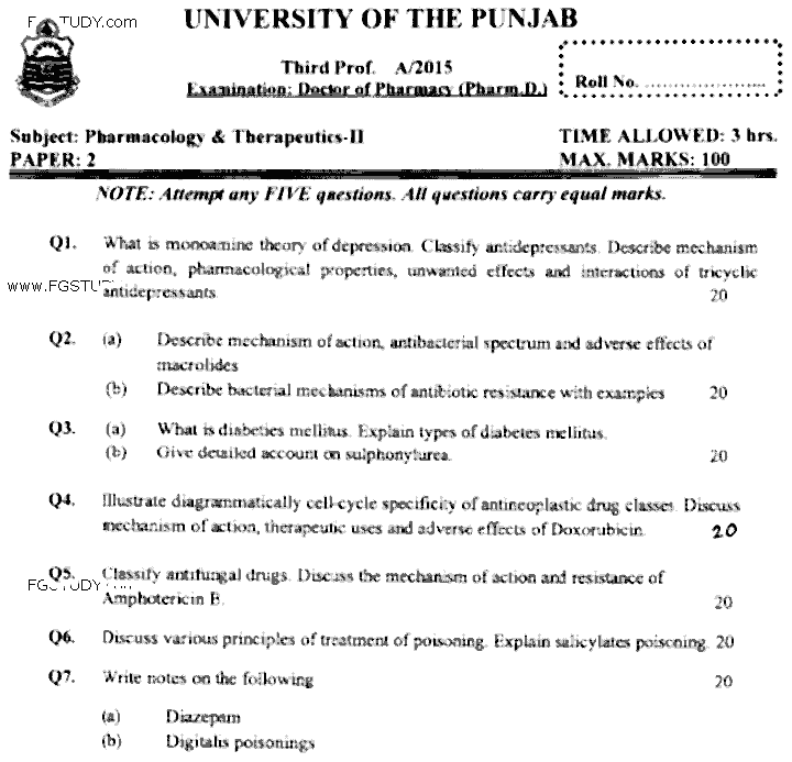 Doctor of Pharmacy Pharmacology And Therapeutics 2 Past Paper 2015 Punjab University Subjective
