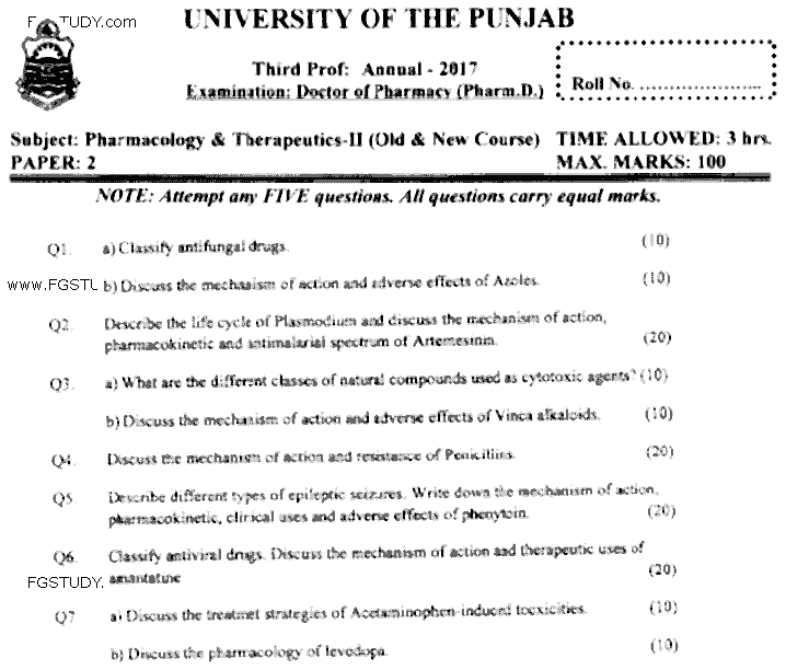 Doctor of Pharmacy Pharmacology And Therapeutics 2 Past Paper 2017 Punjab University Subjective