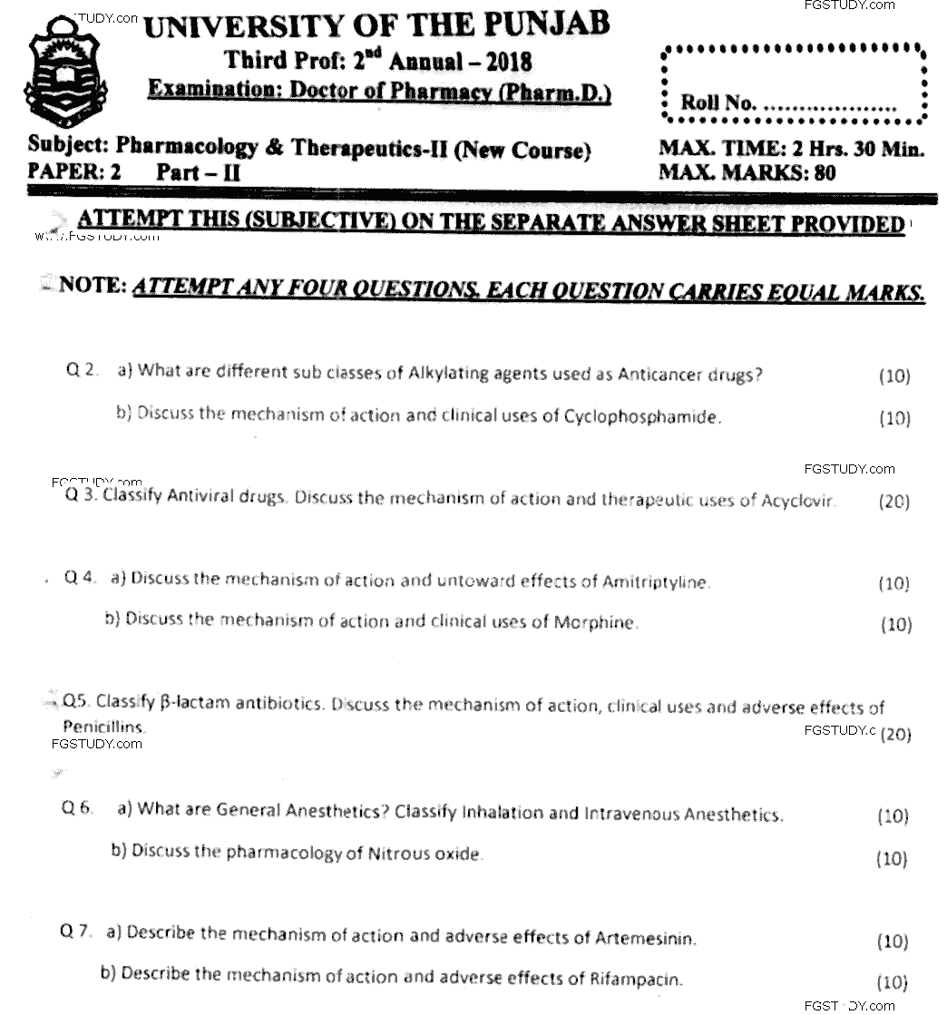Doctor of Pharmacy Pharmacology And Therapeutics 2 Past Paper 2018 Punjab University Subjective