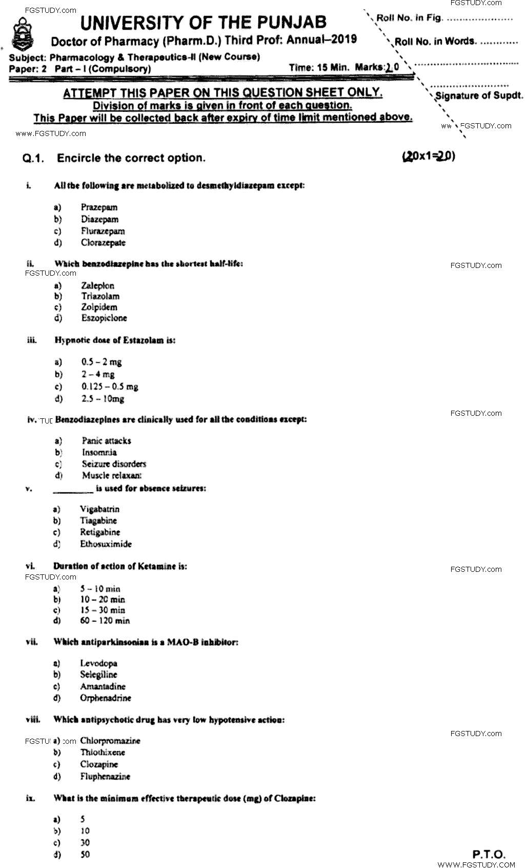 Doctor of Pharmacy Pharmacology And Therapeutics 2 Past Paper 2019 Punjab University Objective