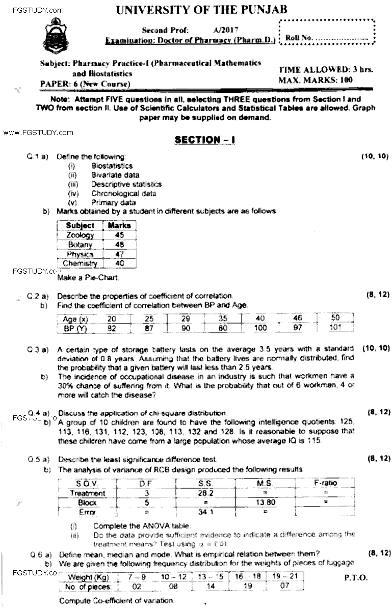 Doctor of Pharmacy Pharmacy Practice 1 Pharmaceutical Mathematics And Biostatistics Past Paper 2017 Punjab University Subjective