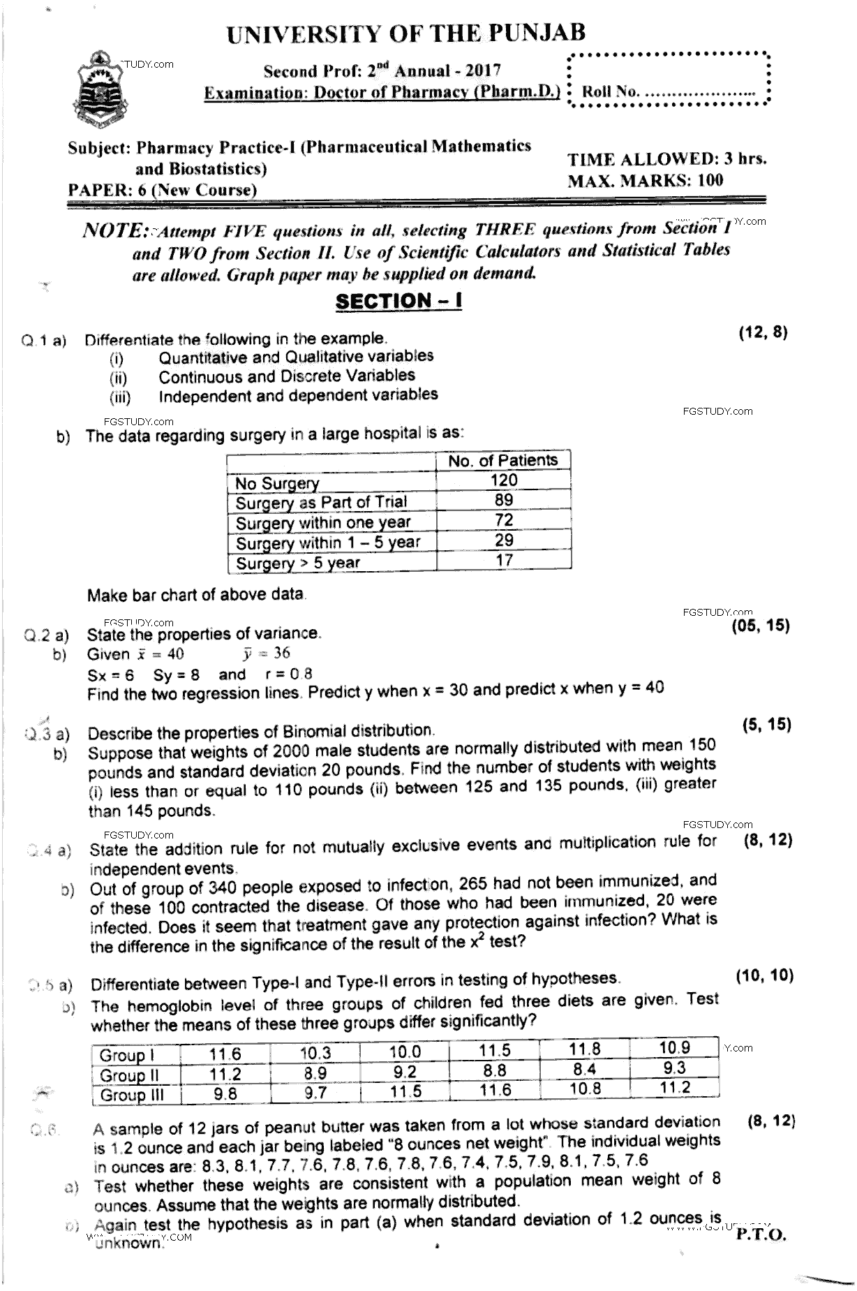 Doctor of Pharmacy Pharmacy Practice 1 Pharmaceutical Mathematics And Biostatistics Past Paper 2017 Punjab University Subjective