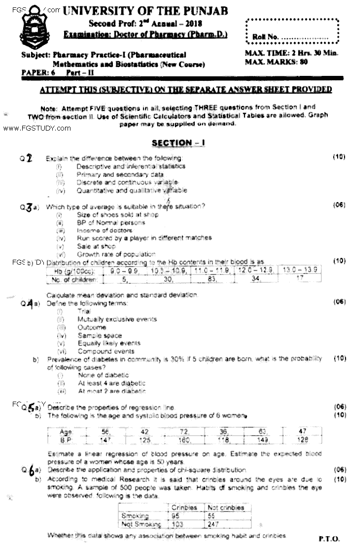 Doctor of Pharmacy Pharmacy Practice 1 Pharmaceutical Mathematics And Biostatistics Past Paper 2018 Punjab University Subjective
