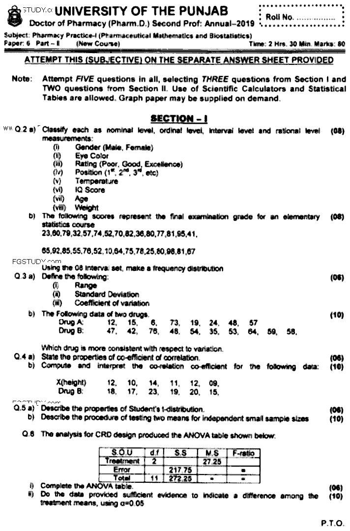 Doctor of Pharmacy Pharmacy Practice 1 Pharmaceutical Mathematics And Biostatistics Past Paper 2019 Punjab University Subjective
