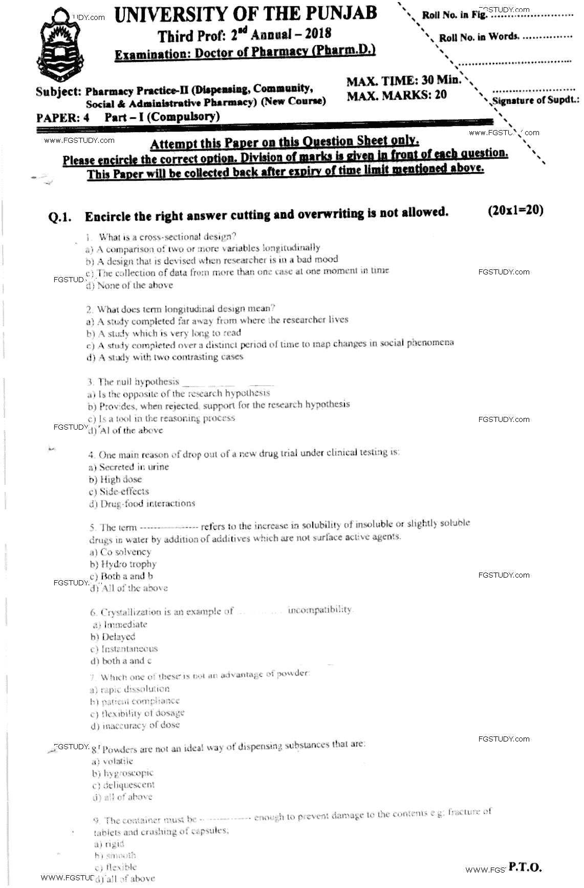 Doctor of Pharmacy Pharmacy Practice 2 Dispensing Community Social And Administrative Pharmacy Past Paper 2018 Punjab University Objective