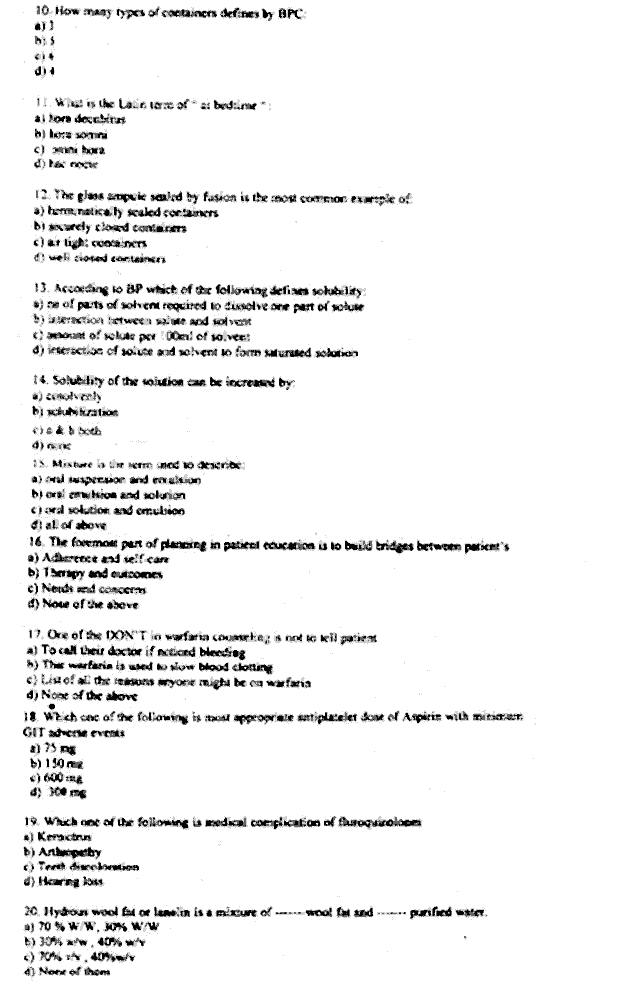 Doctor of Pharmacy Pharmacy Practice 2 Dispensing Community Social And Administrative Pharmacy Past Paper 2018 Punjab University Objective