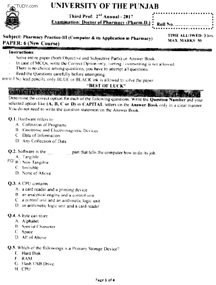 Doctor of Pharmacy Pharmacy Practice 3 Computer And Its Application In Pharmacy Past Paper 2017 Punjab University Objective
