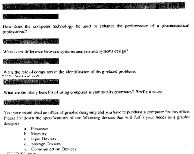 Doctor of Pharmacy Pharmacy Practice 3 Computer And Its Application In Pharmacy Past Paper 2017 Punjab University Objective