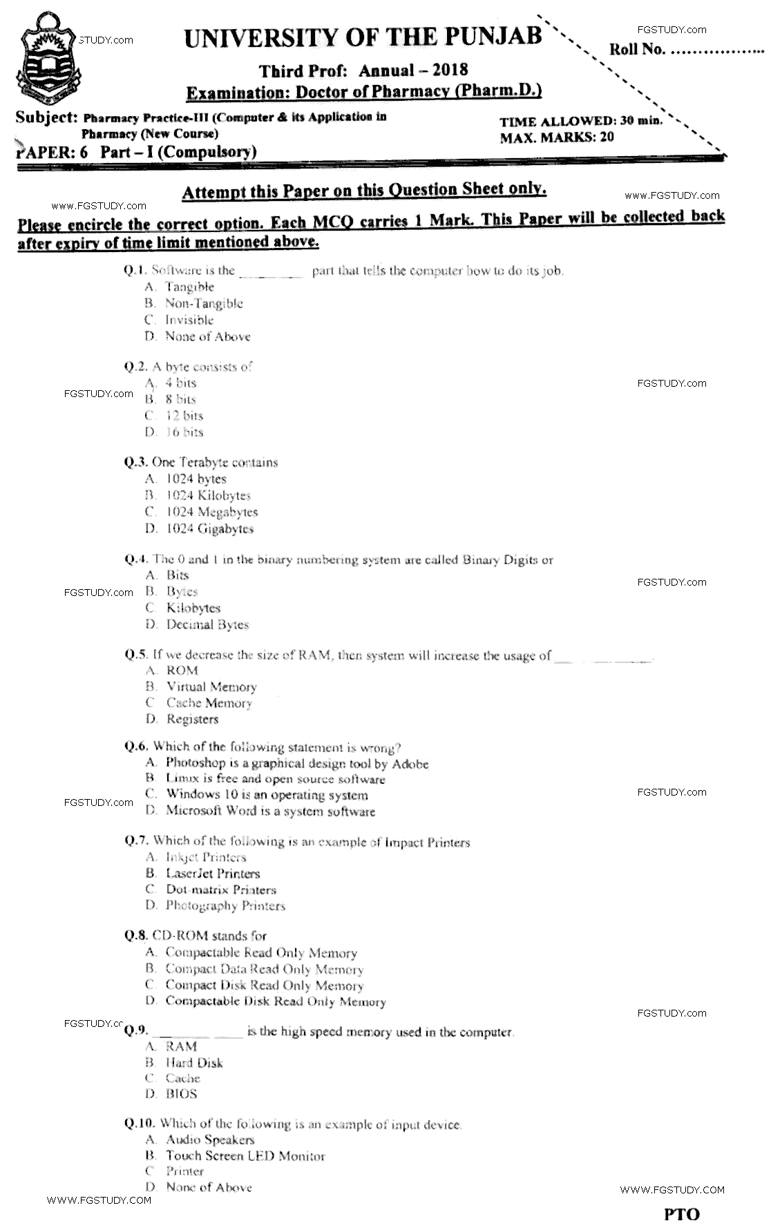 Doctor of Pharmacy Pharmacy Practice 3 Computer And Its Application In Pharmacy Past Paper 2018 Punjab University Objective