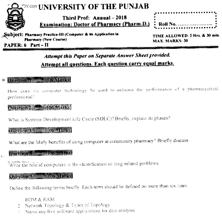 Doctor of Pharmacy Pharmacy Practice 3 Computer And Its Application In Pharmacy Past Paper 2018 Punjab University Subjective