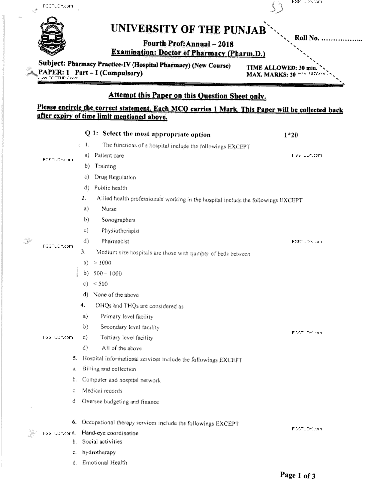 Doctor of Pharmacy Pharmacy Practice 4 Hospital Pharmacy Past Paper 2018 Punjab University Objective