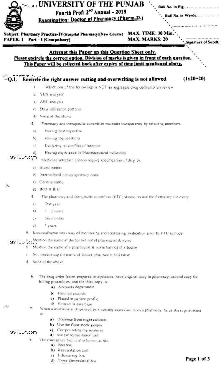 Doctor of Pharmacy Pharmacy Practice 4 Hospital Pharmacy Past Paper 2018 Punjab University Objective