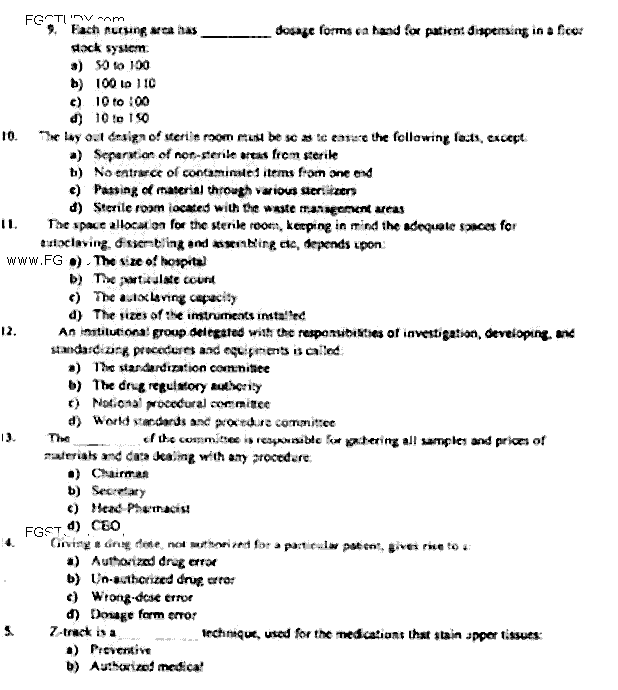 Doctor of Pharmacy Pharmacy Practice 4 Hospital Pharmacy Past Paper 2018 Punjab University Objective