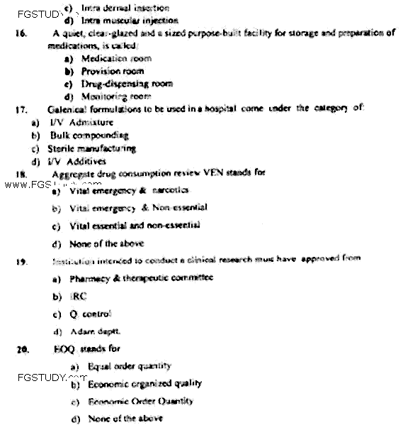 Doctor of Pharmacy Pharmacy Practice 4 Hospital Pharmacy Past Paper 2018 Punjab University Objective