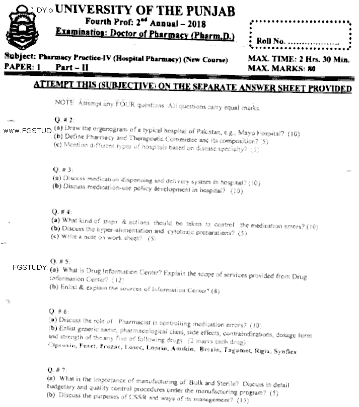 Doctor of Pharmacy Pharmacy Practice 4 Hospital Pharmacy Past Paper 2018 Punjab University Subjective