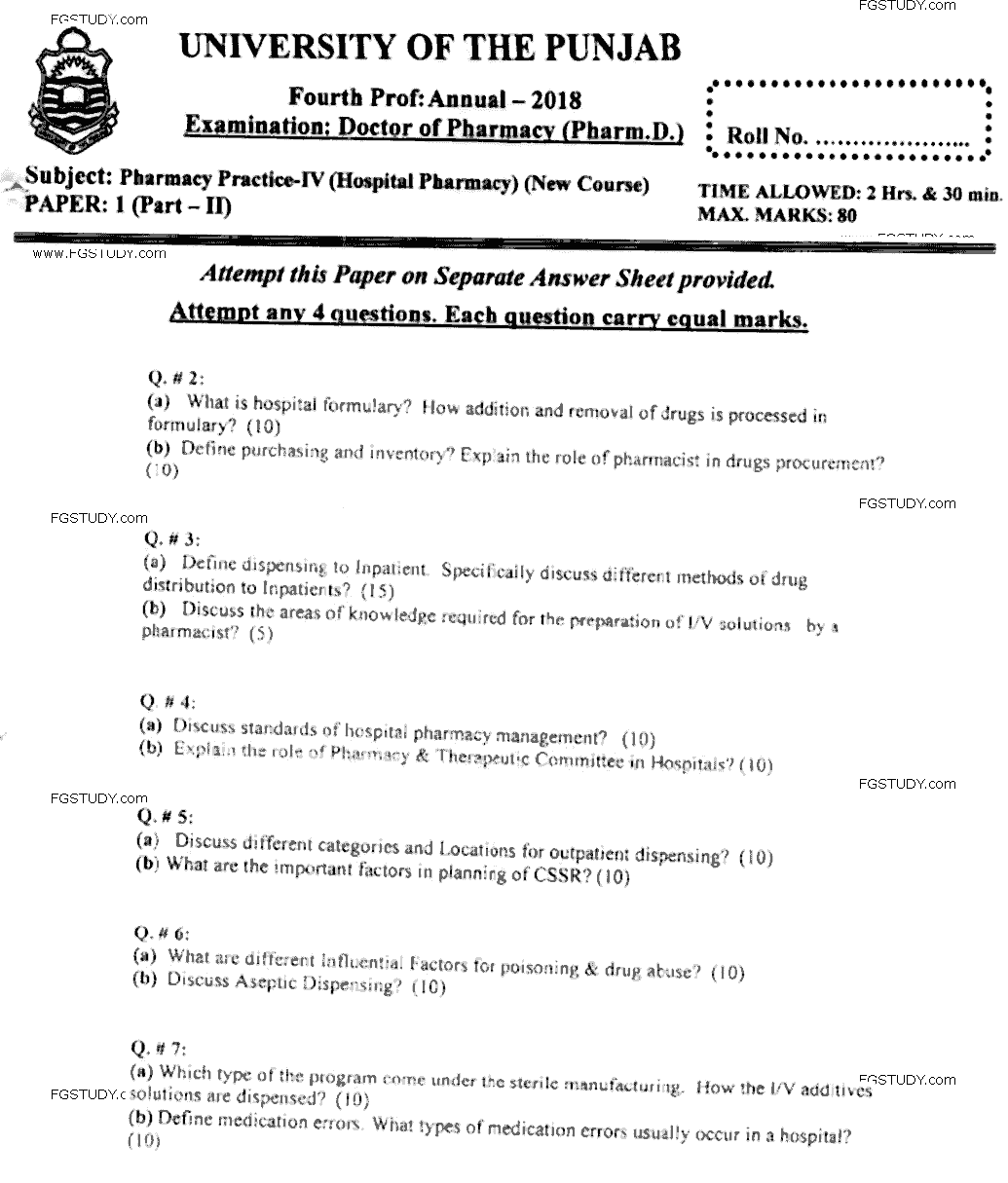 Doctor of Pharmacy Pharmacy Practice 4 Hospital Pharmacy Past Paper 2018 Punjab University Subjective